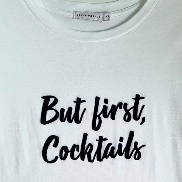 SOUTH PARADE Lola Top But First Cocktails Short Sleeve Cotton Tee White Black XS - Picture 6 of 9